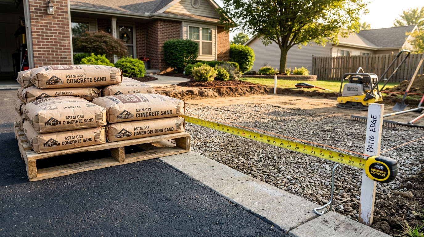 Jobsite Pallet of 50-lb ASTM C33 Washed Concrete Sand Bags with Measuring Tape
